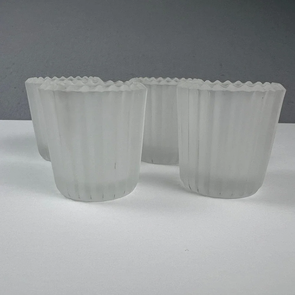 Scalloped Glass Votive Candle Holders Set of 4 White Frosted Ribbed
